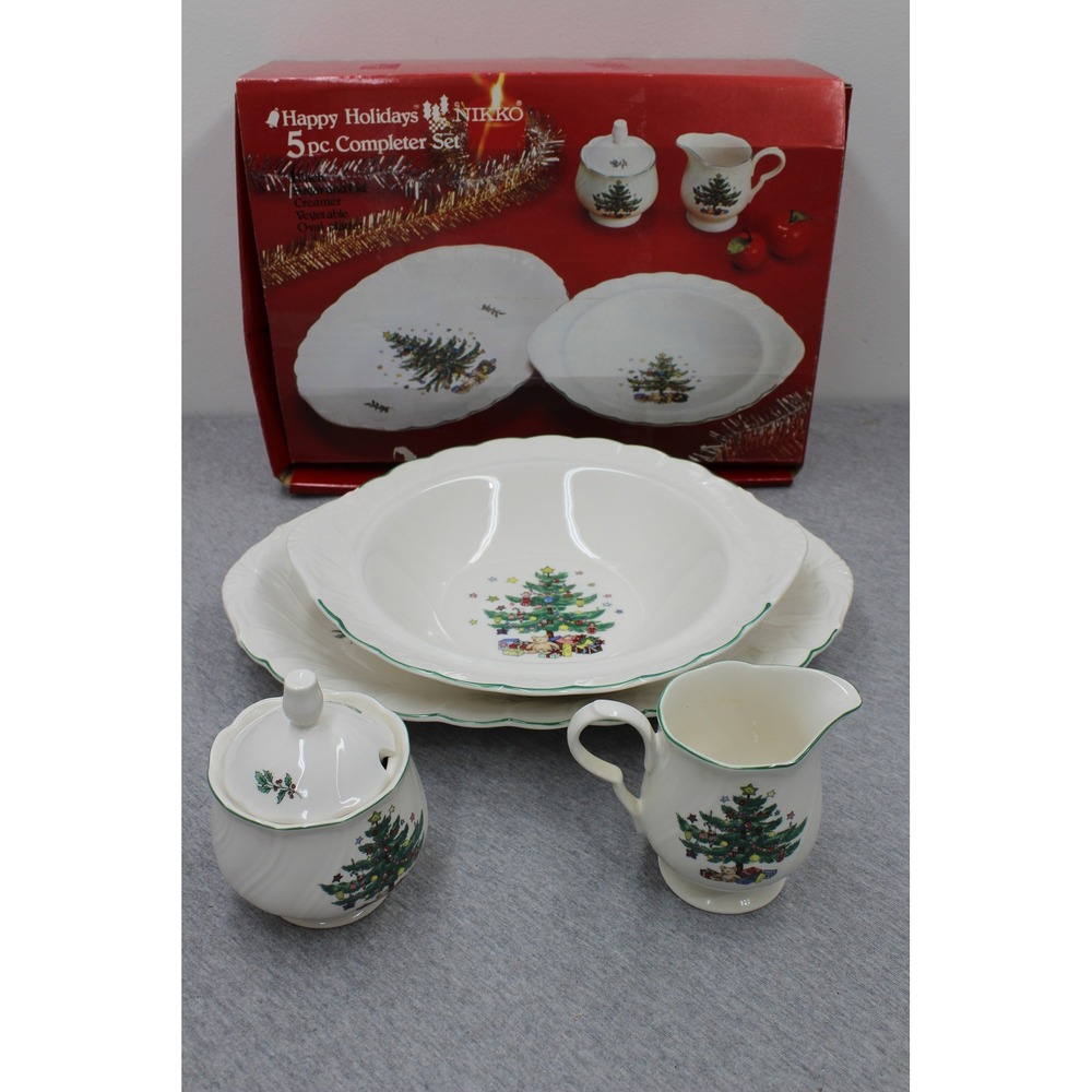 Nikko Completer 5pc Set White Happy Holidays Christmas Tree 5pc Swirl